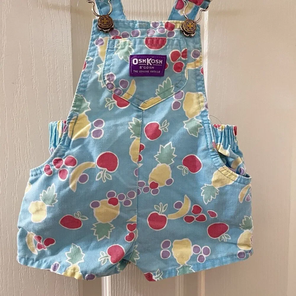 Vintage Oshkosh B'gosh Blue Fruit Shortalls Romper USA Girls Size 18 Months